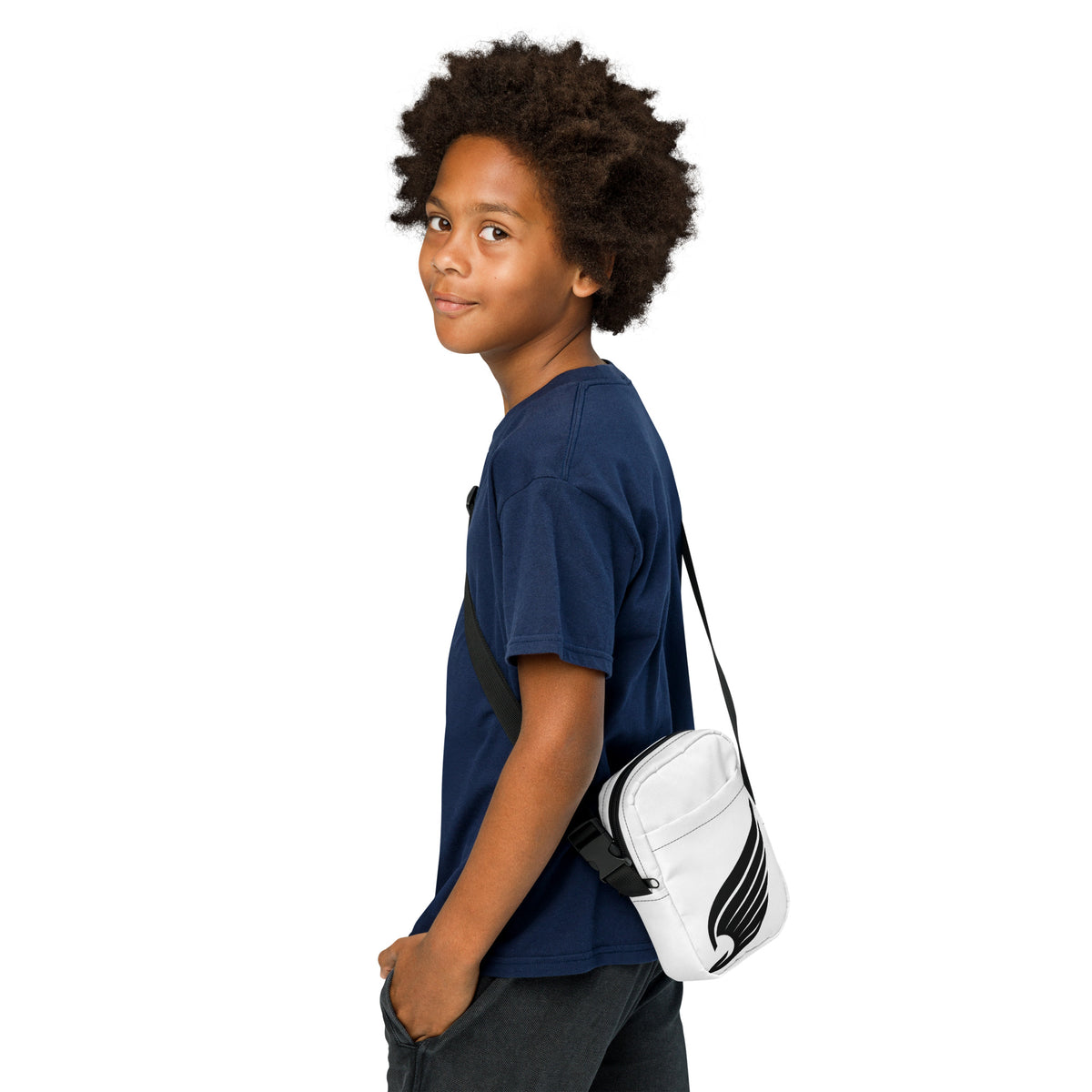 Swift Money crossbody bag — white, front view on model